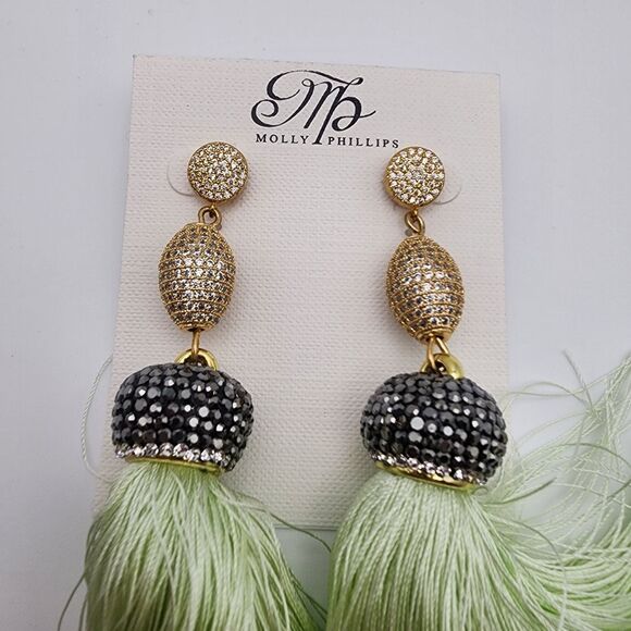 NWT Molly Phillips Green Tassel Earrings - Picture 2 of 3